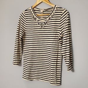 J. Crew White & Navy Jeweled Top, Size S